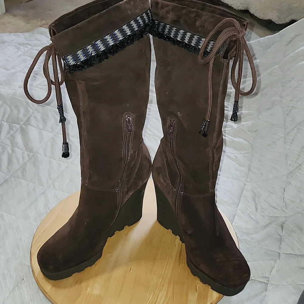 Diane Von Furstenberg Dark Brown Suede Wedge Boots Knee High Womens 10